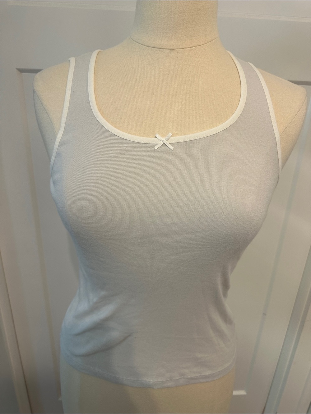 Brandy Melville White Ribbed Scoop Tank with Tiny Bow